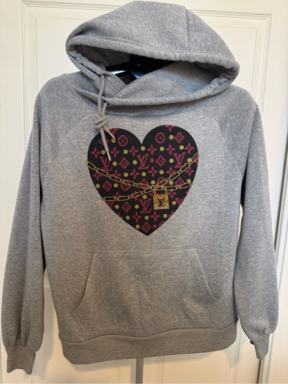 LV Gray Hoodie with Monogram Heart and Gold Chain Print